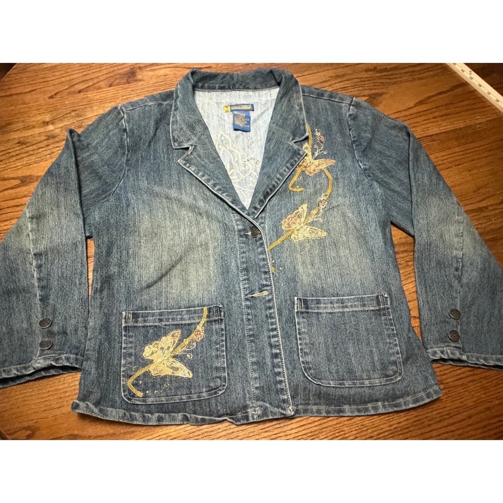 Joujou Denim Butterfly Embroidered Blazer Jacket Medium Wash Blue XL Y2K Boho